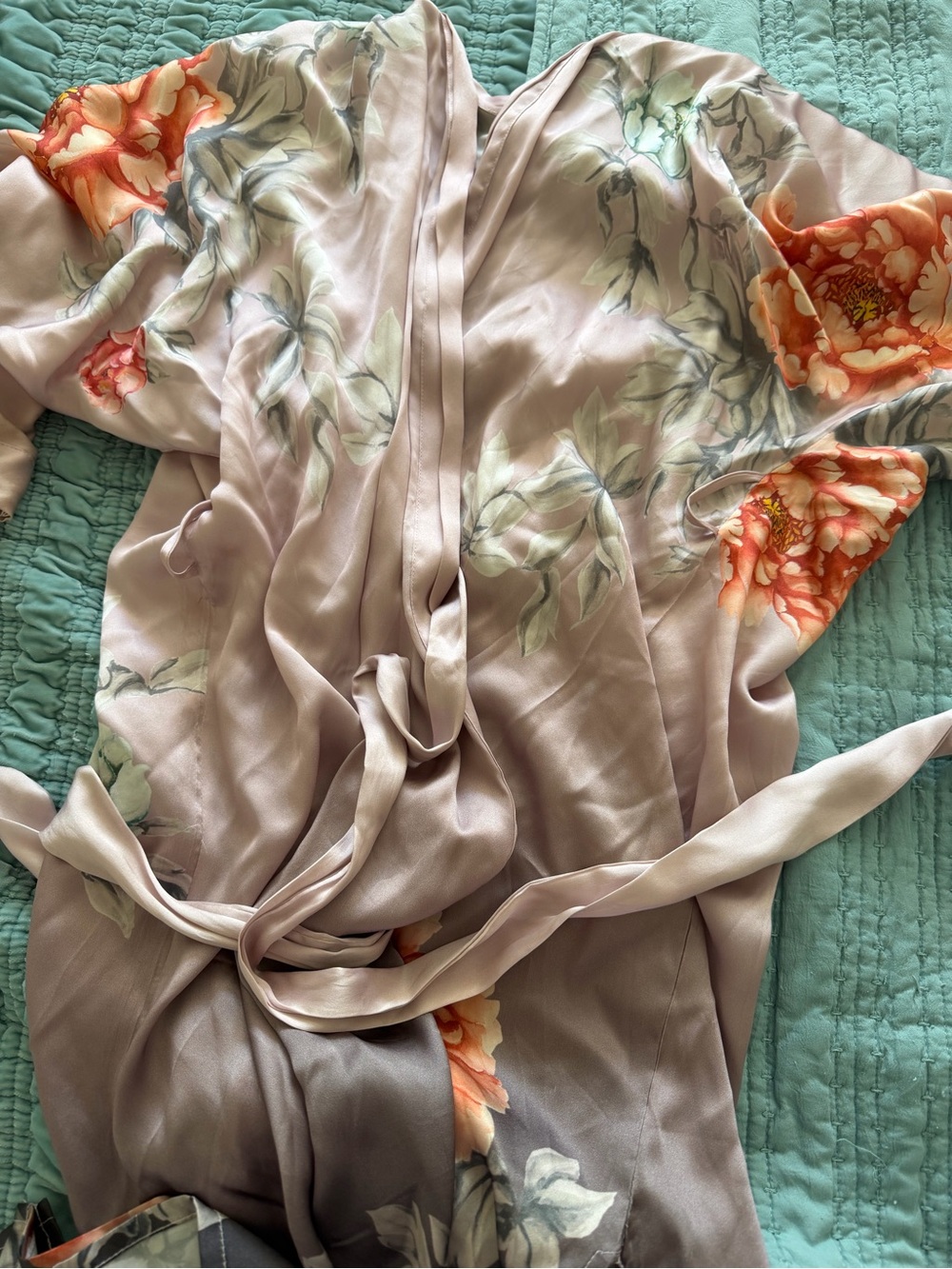 Floral Silk Kimono Robe in Mauve with Coral Blooms